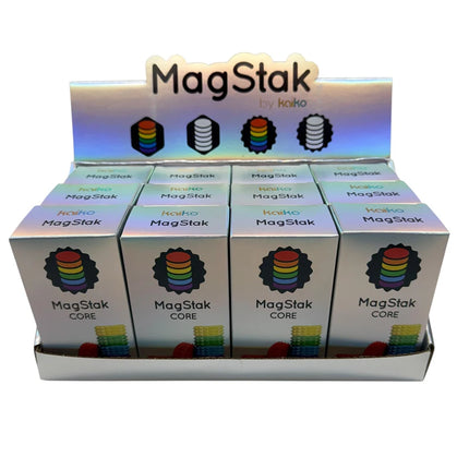 Display of boxed MagStak Core - Textured fidget sensory toys with colorful stackable pieces in a retail stand.