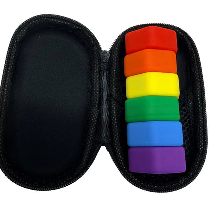 MagStak Hive - Smooth sensory fidget cubes in rainbow colors neatly stored inside a black zippered case
