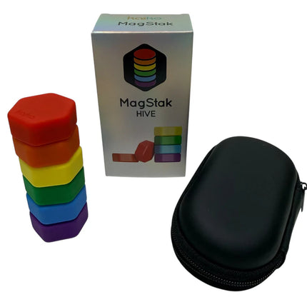 MagStak Hive - Smooth sensory fidget with rainbow stackable pieces, packaging, and a black zippered carrying case