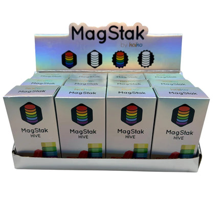 Display of multiple MagStak Hive - Smooth sensory fidget toys in white packaging with rainbow design accents.