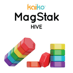 Colorful hexagonal blocks arranged and stacked in two piles for sensory play with MagStak Hive - Smooth