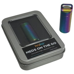 Meds on the Go – Kaiko™ Oil Slick Medication & Storage Vessel in iridescent steel with sturdy metal case for secure storage.