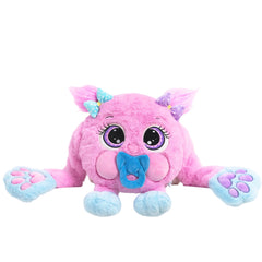 Melliboo Baby Boo plush toy in pink with blue pacifier and paw prints, designed for sensory and comfort play.