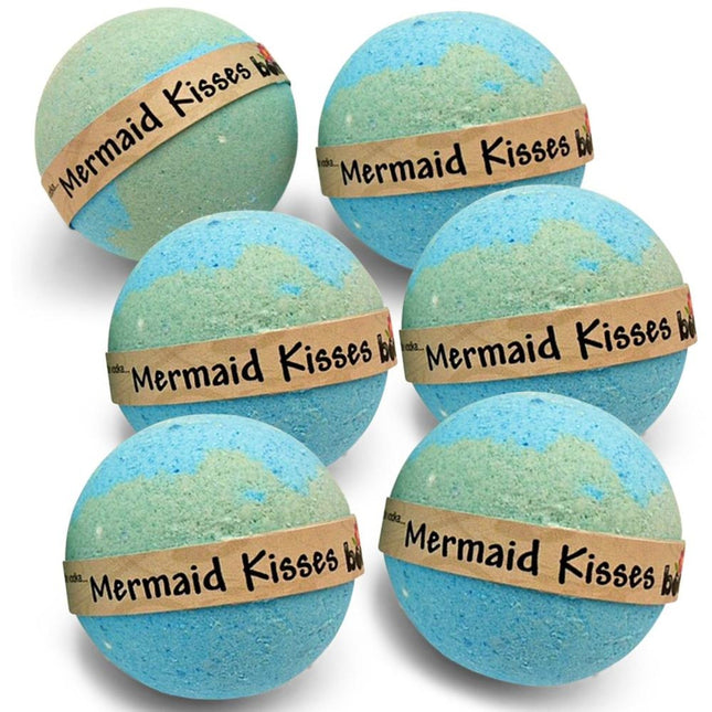 Mermaid Kisses Coconut Lime Bubble Bath Bomb Set of 6 in blue and green with neutral brown wrapping bands