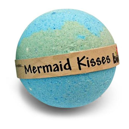Mermaid Kisses Coconut Lime Bubble Bath Bomb Set of 6 with tropical blue and green colors, calming sensory bath aid.