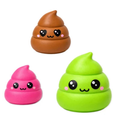 Squishy Jumbo Poo sensory toy in brown pink and green with cute faces