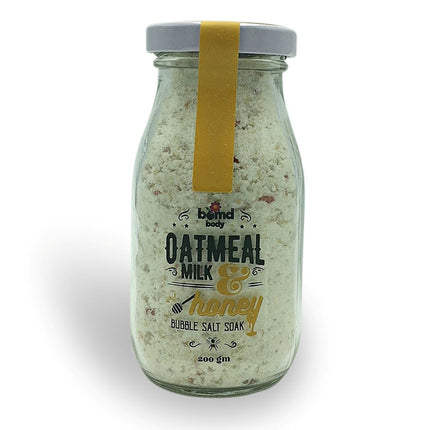 Oatmeal Milk & Honey Moisturising Bubble Salt Soak with Himalayan Rock Salt in clear vintage-style jar, calming care.