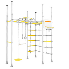 Monkey Bars Jungle Gym Bundle - No Drill with yellow accents, swings, climbing ropes, and a basketball hoop, helping families thrive.