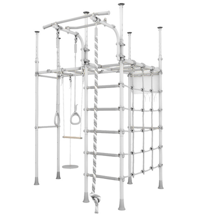 Monkey Bars Jungle Gym Bundle - No Drill with climbing rope, rings, swing, and net for sensory play at home helping families thrive.
