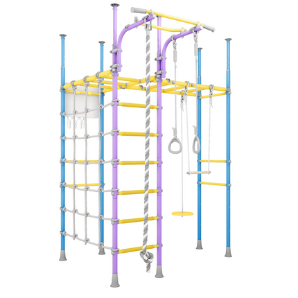 Monkey Bars Jungle Gym Bundle - No Drill with blue, yellow, and purple bars, rope ladder, and swing attachments. Helping families thrive with tools to calm, connect and support.