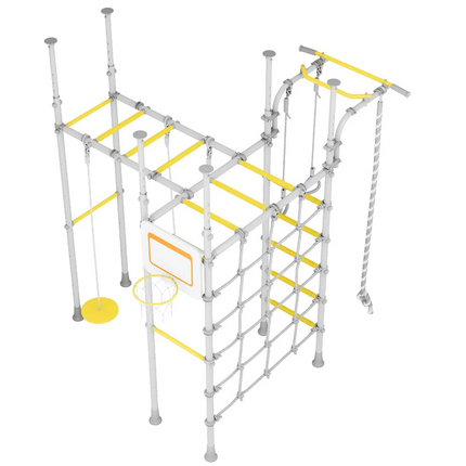 Monkey Bars Jungle Gym Bundle - No Drill with swings, climbing net, basketball hoop, and rope for active play indoors.