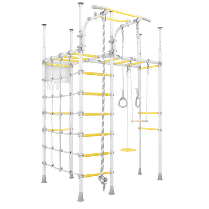 Monkey Bars Jungle Gym Bundle - No Drill with yellow accents, ropes, rings, swing, and climbing nets for active play.