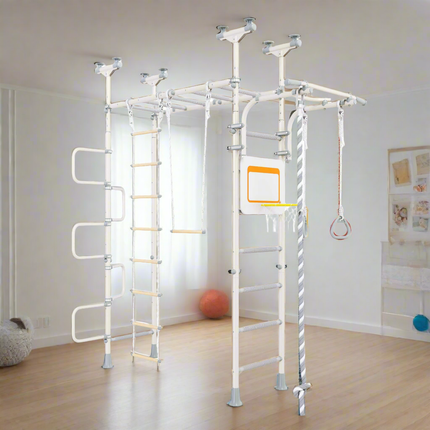 Ninja Home Play Set - No Drill indoor gym with climbing ropes, ladder, rings, and basketball hoop in bright room