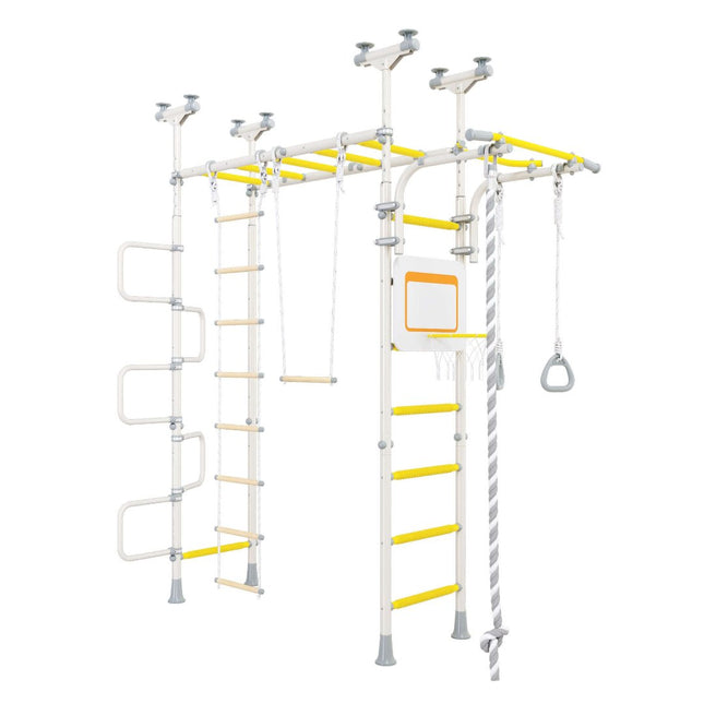Ninja Home Play Set - No Drill indoor climbing frame with ladder, ropes, basketball hoop, and swing in white and yellow.