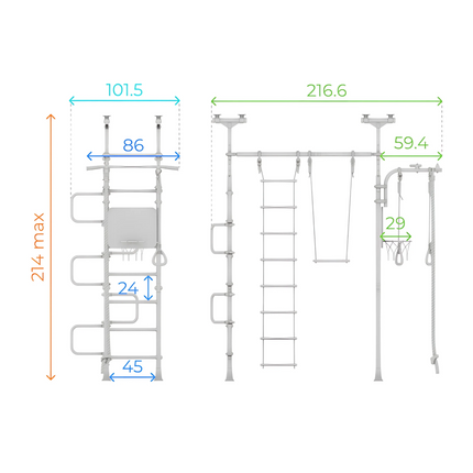 Ninja Home Play Set - No Drill showing detailed dimensions of the indoor gym with ladder, swing, and basketball hoop.