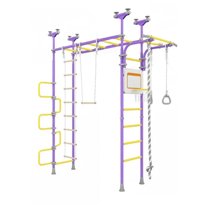 Ninja Home Play Set - No Drill with purple and yellow monkey bars, ladder, rope, swing, and basketball hoop for children.