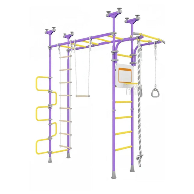 Ninja Home Play Set - No Drill with purple and yellow monkey bars, ladder, rope, swing, and basketball hoop for children.