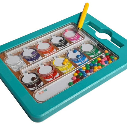 Colour & Number Maze Magnetic Pad - Magnetic Colour Sorting Maze featuring a teal frame with numbered, colored sections and a yellow magnetic wand for sorting small colorful beads.