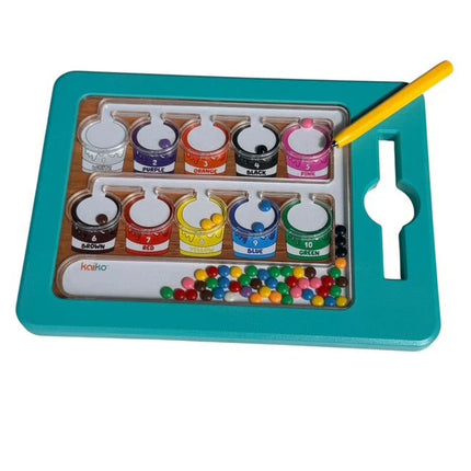 Colour & Number Maze Magnetic Pad - Magnetic Colour Sorting Maze showing a teal frame with numbered paint pots in various colours and a yellow magnetic pen for sorting small colorful balls into matching sections.