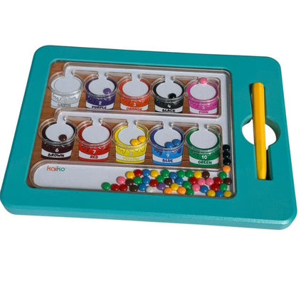 Colour & Number Maze Magnetic Pad - Magnetic Colour Sorting Maze featuring a turquoise frame with numbered colored cups and a yellow magnetic wand for sorting.