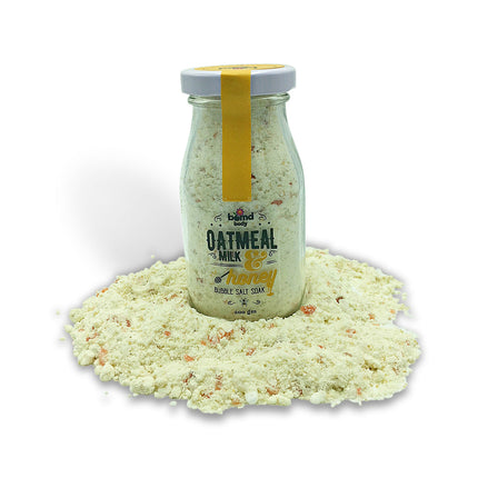 Oatmeal Milk & Honey Moisturising Bubble Salt Soak with Himalayan Rock Salt in glass jar, helping families thrive.