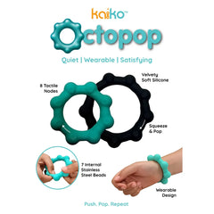 Octopop - Quiet. Wearable. Satisfying fidget rings in teal and black with tactile nodes and wearable design on wrist.