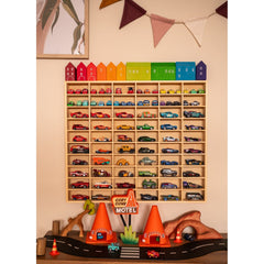 JCAR 60 —Diecast Display Rack showing colorful toy cars neatly organized on shelves with playful road and decor below.