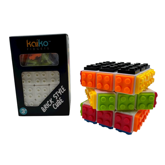Colorful tactile interlocking blocks assembled into a cube alongside boxed Brick Style Cube sensory toy for children and adults