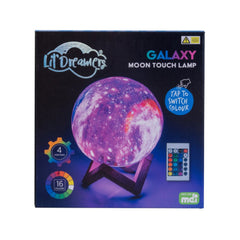 Galaxy Moon Touch Lamp glowing purple on wooden stand with remote, helping families thrive with tools to calm, connect and support