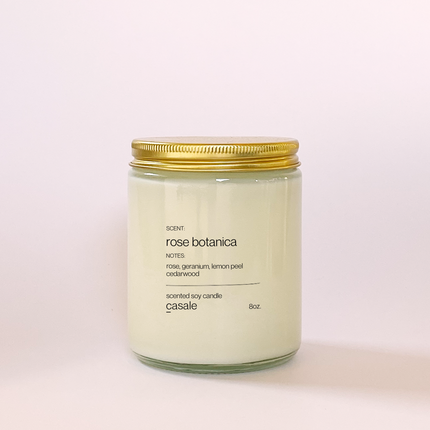 ROSE BOTANICA SINGLE WICKED SOY CANDLE (8oz / 226g) with gold lid, calming rose geranium lemon peel scent
