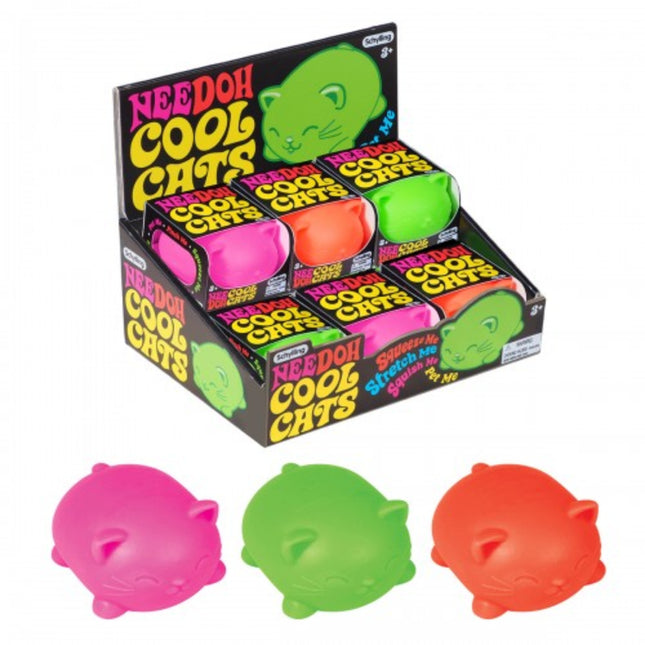 Schylling – Cool Cats Nee Doh colorful squishy cat-shaped sensory fidgets in pink, green, and orange with display box