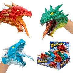 Schylling – Dragon Hand Puppets in red, green, and blue, designed for sensory play and imaginative fun.
