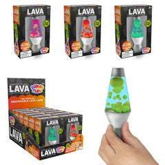 Hand holding Schylling – Lava Squish N Flow sensory fidget toy with colorful squishable lava globes inside.