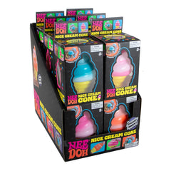 Colorful ice cream cone shaped squishy toys arranged in a black display box