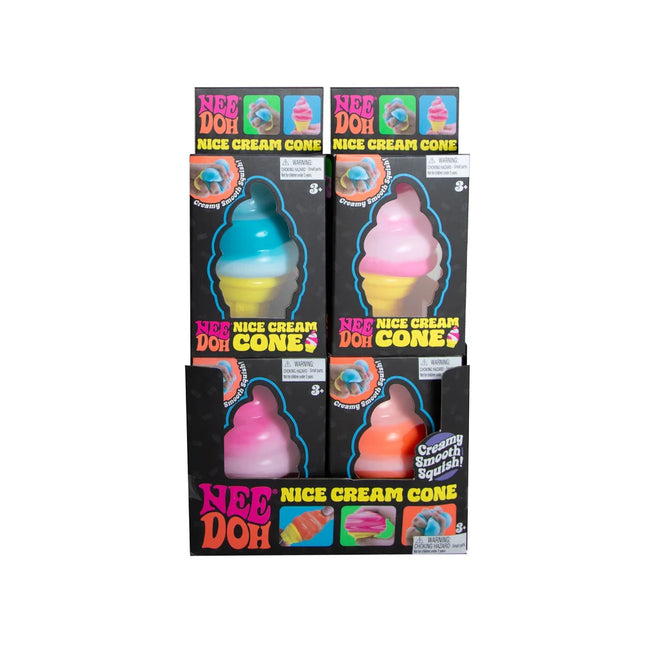 Display box of colourful ice cream cone shaped squishies in blue pink and orange
