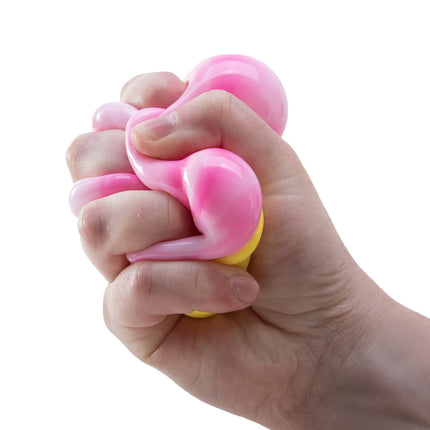 Hand squeezing a pink and yellow squishy sensory toy
