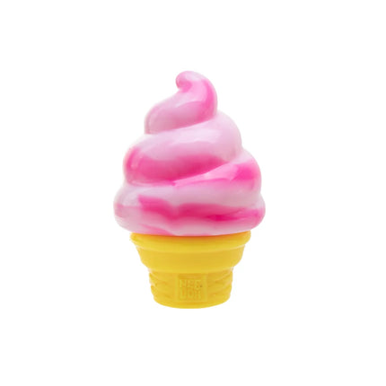 Pink and yellow swirled ice cream cone on a white background