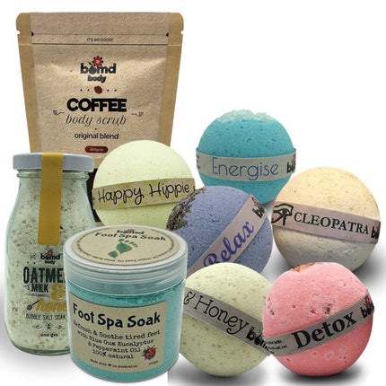 Bomd Body Bath Bomb, Body Scrub & Foot Soak Pamper Hamper Gift Set with assorted scents for calming, connecting, support.
