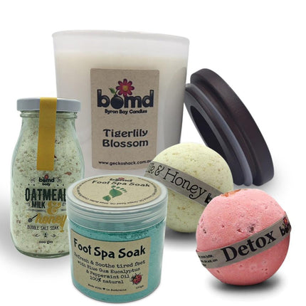Mind Body & Soul Clarity Bath Soak Relaxation Set with Byron Sunset Soy Candle, helping families thrive to calm.