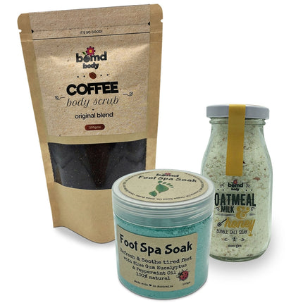 Bomd Body Skin Scrub n Soak Pamper Set includes Original Coffee Scrub Foot Treatment & Milk n Honey Bubble Bath Salt Soak.