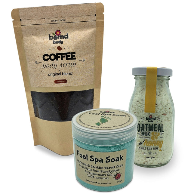 Bomd Body Skin Scrub n Soak Pamper Set includes Original Coffee Scrub Foot Treatment & Milk n Honey Bubble Bath Salt Soak.