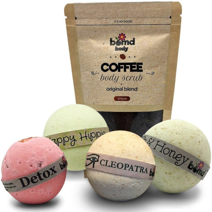 Revive Body Skin Pack with Exfoliating Body Scrub & Moisturising Bath Bombs Soaks Set with detox and honey scents