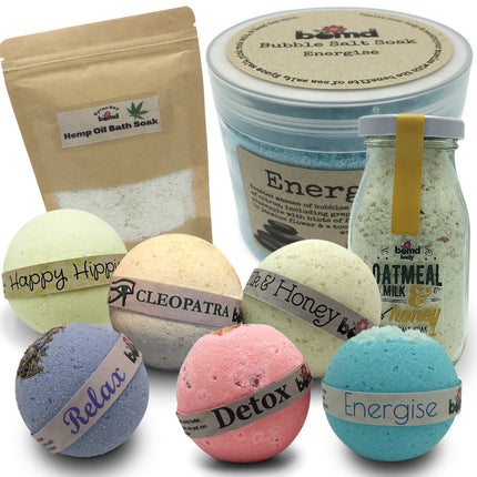 The Bath Bomb Body Soak Set includes Luxury Bath Bombs and Bubble Salt Body Soak for calming and relaxing bath time.