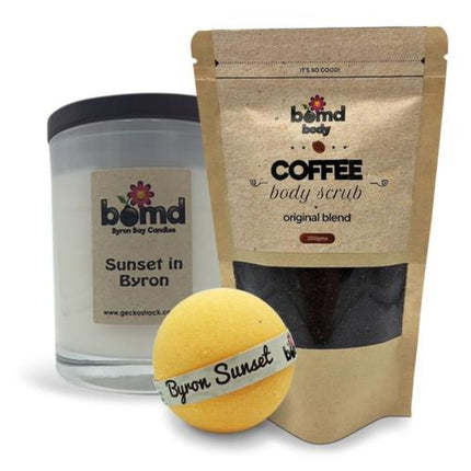 Sunset in Byron Candle, Tropical Bubble Bath Bomb & Coffee Body Scrub Gift Set with calming sensory benefits.