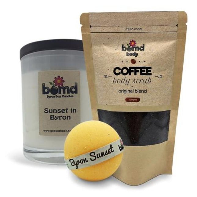 Sunset in Byron Candle, Tropical Bubble Bath Bomb & Coffee Body Scrub Gift Set with calming sensory benefits.