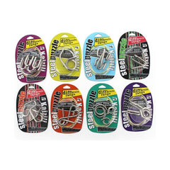 Metal IQ Puzzle (8 Assorted) sets of 8 steel brain teaser fidgets in colorful packaging for sensory and educational games.