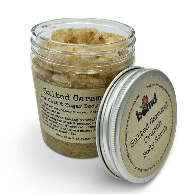 Salted Caramel Body Scrub with Vitamin E in a clear jar, natural texture, helping families thrive with tools to calm connect and support
