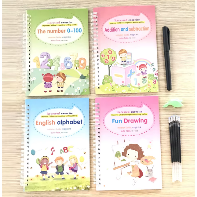 Tracing Book for Children - Enhanced Repeated Practice with Magic Faded Ink (Set of 4 books) Mini Planete