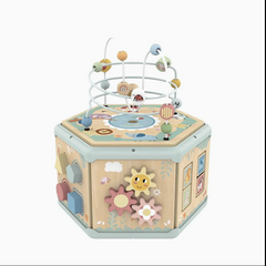 Colorful children's activity cube with gears, bead tracks, spinning pieces and a bead maze on top
