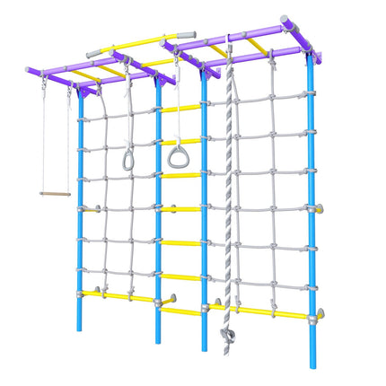 Sensory Climbing Monkey Bars Ladder with rope, rings, and swing in vibrant blue, yellow, and purple for active play.